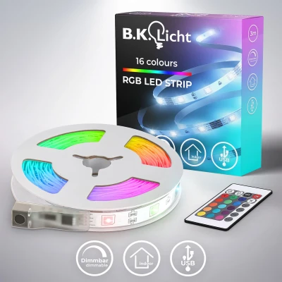 Afbeelding van B.K.Licht Led Strip 3 meter USB RGB dimbaar met afstandsbediening