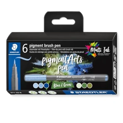 Afbeelding van Staedtler, Kleurpotloden, Vezelstiften Pigment Arts Brush Pennen Blauw &amp; Groen (Blauw groen, 6 x)