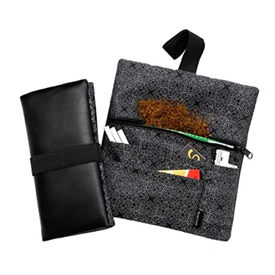 Afbeelding van GUGGIARI® Tabaksgrap van zacht leer met praktische vakken voor: filtertips, rolpapier en aansteker zak voor tabakszak 30/50 g, Zwart Deco