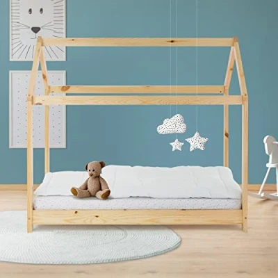 Afbeelding van Kinderbed met dak en lattenbodem 70x140 cm Grenenhout naturel ML Design