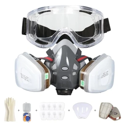 Afbeelding van Sumeber Professioneel herbruikbaar halfgezichtsmasker met veiligheidsbril, uitgerust 2 filters en 6 filterwattenschijfjes voor industriële verf, gas, bescherming, doe het zelf,