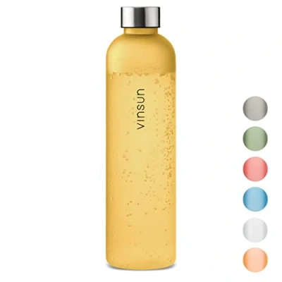 Afbeelding van VINSUN Drinkfles, 1 liter, geel, herbruikbaar, BPA vrij, Tritan, lichte waterfles voor sport, outdoor, school, universiteit, fiets, kantoor, fitness