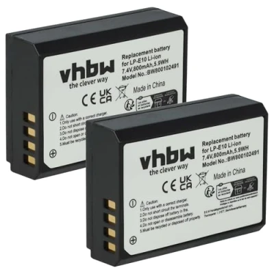 Afbeelding van vhbw Vervangende batterij voor Canon EOS 2000D, 4000D, 800mAh, 7,2V, Li Ion, LP E10, 2 stuks