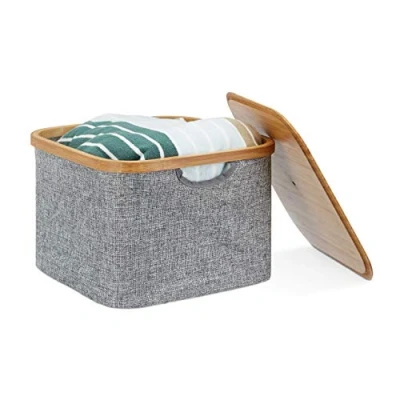 Afbeelding van Relaxdays opbergmand stof opbergkist met deksel mand voor kast grijs stoffen box