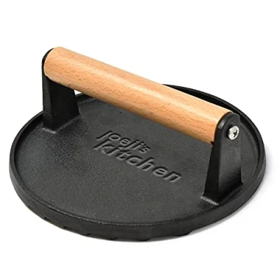Image de Joeji&#039;s Kitchen Presse à hamburger en fonte anti adhésive pour des marques de barbecue parfaites patty ou avec poignée bois