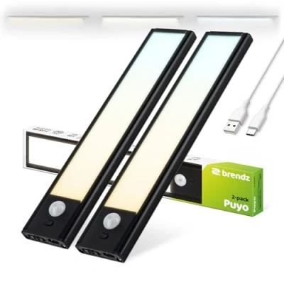 Afbeelding van Brendz LED Kastverlichting met bewegingssensor, 2 x 20 cm, USB C Oplaadbaar, Dimbaar, Magnetisch, 3 Kleurtemperaturen, Draadloos, op Batterij, Zwart