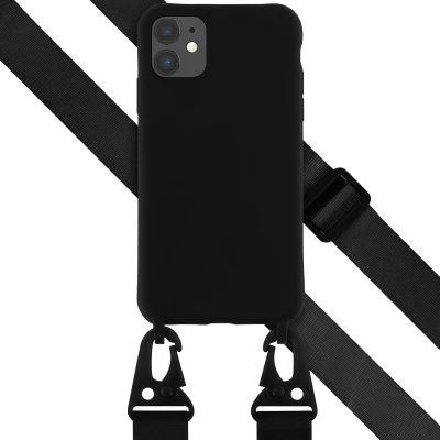 Afbeelding van Selencia hoesje Geschikt voor iPhone 11 met koord Siliconen design afneembaar Zwart / Irregular Check Black