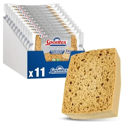 Afbeelding van Spontex grote werkspons 11 blonde plantensponzen maat XXL met versterkingsvezels ideaal voor reiniging