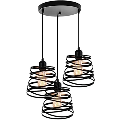 Afbeelding van IDEGU 3 hanglampen, creatief, industriële kroonluchter, lamp, design, spiraal, waterval, E27, plafondverlichting, vintage, hanglamp voor slaapkamer, woonkamer, keuken (20 cm, zwart, cirkel)