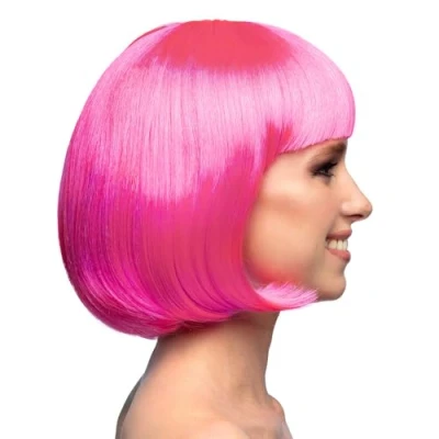 Image de perruque coupe cheveux carré frange rose vif femme 85890