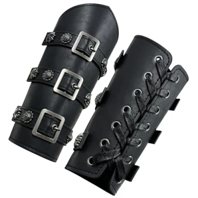 Afbeelding van HiiFeuer Paar middeleeuwse kunstleren armbanden met gesp, één maat (zwart)