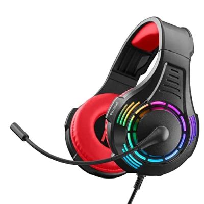 Afbeelding van NITHO Spectra Gaming Headset voor PC/PS4/PS5/Xbox One/Xbox Series XS/Nintendo Switch/Tablet/Mobile, hoofdtelefoon met opvouwbare niermicrofoon en RGB lichteffecten, rood