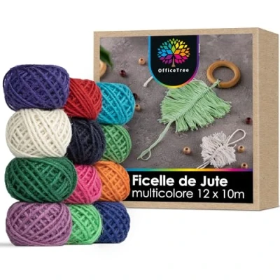 Afbeelding van OfficeTree Set van 12 kleurrijke koorden stuks gekleurd jute koord veelkleurig lint trekkoord voor knutselen, decoratie, verpakking thuis of tuin