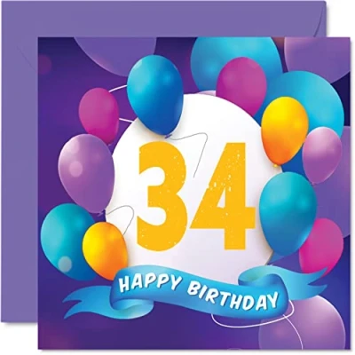 Afbeelding van 34 jaar verjaardagskaart voor mannen en vrouwen ballonfeest verjaardagskaarten jarige man, vrouw, broer, zus, mama, papa, tante, oom, beste vriend, neef, 145 mm x