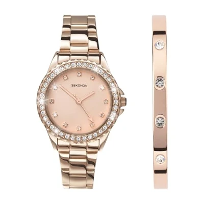 Afbeelding van Sekonda Elizabeth Dameshorloge, kwarts, 33 mm, met stenen bezet kast, analoge weergave en roestvrijstalen armband, Roségouden geschenkdoos, armband