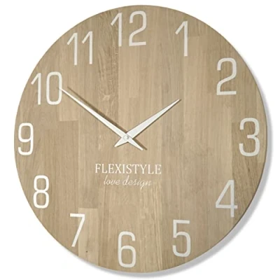 Afbeelding van FLEXISTYLE Wandklok, natuur, diameter houtlook, 100% eiken, modern hout, woonkamer, zonder tikkend geluiden... (50 cm, wit)