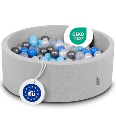 Afbeelding van KiddyMoon schuim ballenbak voor kinderen met ballen Ø 7 cm, gemaakt in de EU, lichtgrijs:parelgrijs blauw babyblauw transparant zilver, 90 x 30 cm / 300