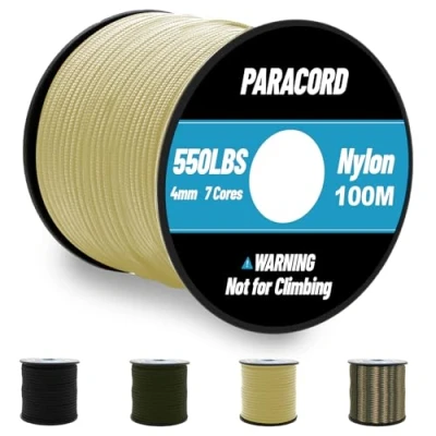 Afbeelding van Omtofo Paracord 550, nylon, 100 m, 4 mm, 7 strengen, parachutetouw, kaki, nylon touw, voor armband, riem, halsketting, survivalparacord, max. 250 kg