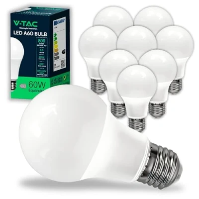 Afbeelding van V TAC 10 x ledlampen met E27 fitting, 8,5 W (komt overeen 60 W) A60 806 lumen, 4000 K, neutraal wit, opening van de lichtstraal 200 graden, maximale efficiëntie en energiebesparing, VT 2099