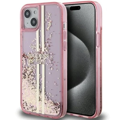 Afbeelding van Guess Liquid Glitter Gold Stripes hoesje voor iPhone 15 Plus / 14 roze