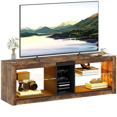 Afbeelding van HOMCOM tv meubel met ledlampen en afstandsbediening, van hout, bank voor tot 65 inch, planken open vakken, woonkamer, slaapkamer, 140 x 35 47 cm, bruin
