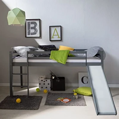 Afbeelding van Homestyle4u 1862, Kinderbed met glijbaan, lattenbodem, hoogslaper, stapelbed voor kinderen, grenengrijs, 90 x 200 cm