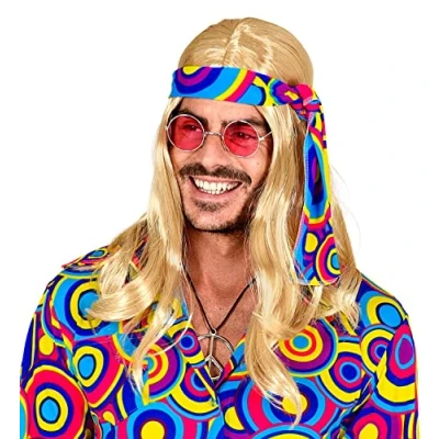 Afbeelding van Widmann pruik uit de jaren &#039;70 Disco Fever met hoofdband, van kunsthaar, Flower Power, reggae, themafeest, carnaval