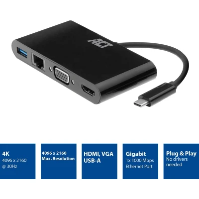 Afbeelding van ACT AC7330 USB C Multi Dock HDMI VGA 4K Ethernet A