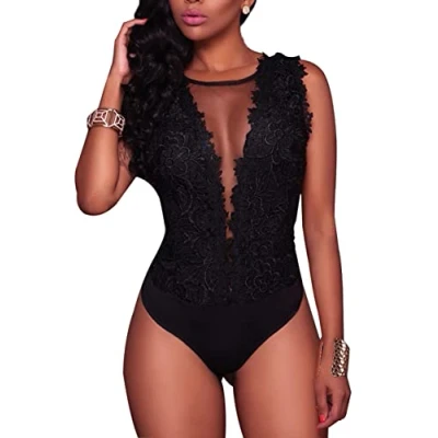Afbeelding van Bodysuit en jumpsuit voor dames, sexy, V hals, turnpakje, kant, blote rug, mouwloos, zwart, XL, zwart.