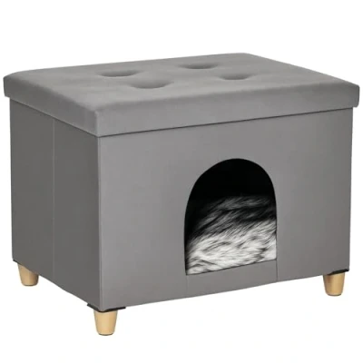 Afbeelding van PawHut 2 IN 1 Katzenhöhle Fußhocker mit Kissen Holzbeine Katzenhaus Katzenkorb weich gepolstert Ottomane elegantes Design abnehmbar MDF Plüsch Grau 60 x 45 44,5 cm