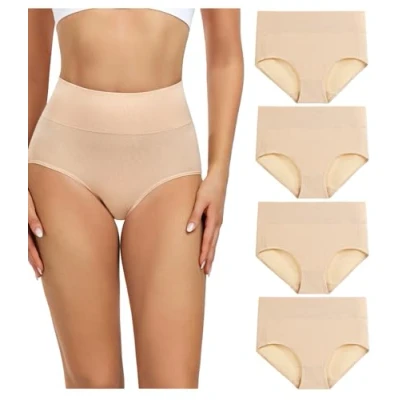 Image de wirarpa Culottes Femmes Coton Taille Haute sous vêtements Slip Elasticité Boxer Femme Ventre Plat, Beige, M