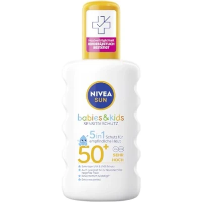Afbeelding van NIVEA SUN Babies &amp; Kids Sensitiv Schutz Zonnespray SPF 50+, extra waterdichte zonnecrème voor kinderen, ongeparfumeerde zonwering, ook eczeemgevoelige huid (200 ml)