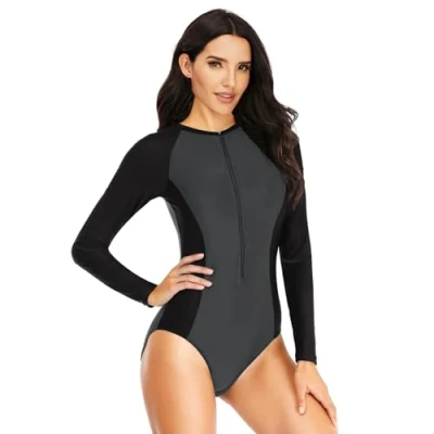Afbeelding van BEACHKINI Dames Zip Up Surfwear Badpak Lange Mouwen Vrijetijdsbadpak Rash Guards, grijs zwart