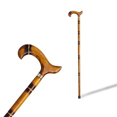 Afbeelding van Wandelstok met steun van hout, versierd strepen, 92 cm, zeer robuust. (613) Loopstok voor ouderen