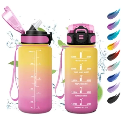 Afbeelding van Waterfles voor kinderen, 500 ml, tijdmarkeringsfles, waterdicht en herbruikbaar, motiverende drinkfles, drinkfles met rietje, fles reizen, yoga, school, fietsen, kantoor, camping