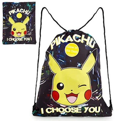Afbeelding van Pokemon tas met trekkoord, PE gymtas, zwemmen en sportzak, Glow in the Dark Pikachu, lichtgewicht zwarte string zak voor kinderen volwassenen, geschenken, Zwart, Eén maat, one size