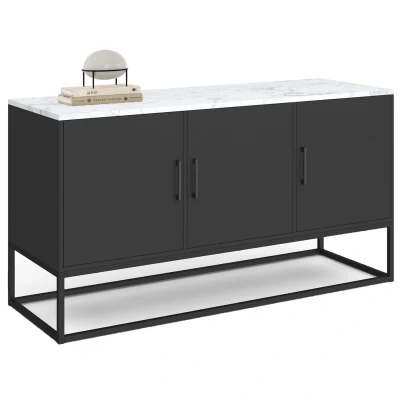 Image de Buffet bas 113 cm ALASKA 3 portes noir plateau effet marbre blanc
