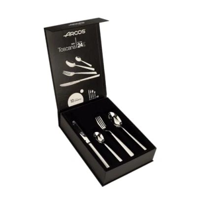 Afbeelding van Arcos Toscana Serie Geschenkdoos Bestekset 24 delig (6 Messen + 12 Lepels 6 Vorken) Monoblok uit één stuk Roestvrij Staal Zilverkleurig