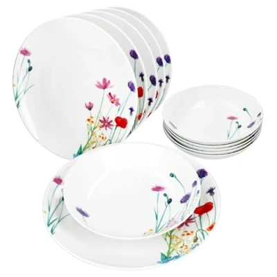 Afbeelding van MamboCat Marie 12 delig tafelservies, porseleinen servies met bloemenweidedecoratie voor 6 personen, soepborden en platte borden ontbijt, lunch diner