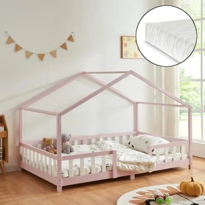 Afbeelding van Kinderbed Treviolo met uitvalbeveiliging en matras 140x200 roze [en.casa]