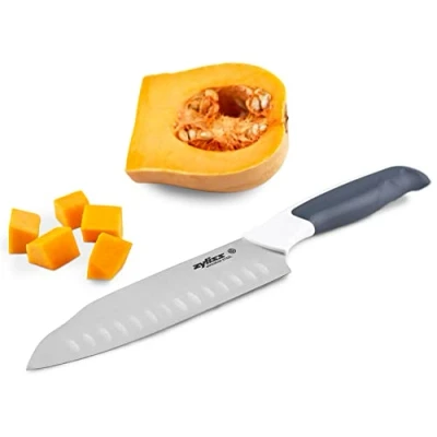 Afbeelding van Zyliss Santoku mes 18 cm comfortabel Japans roestvrij staal zachte handgreep veiligheidshoes zwart wit professioneel keukenmes groentemes hakmes passeren