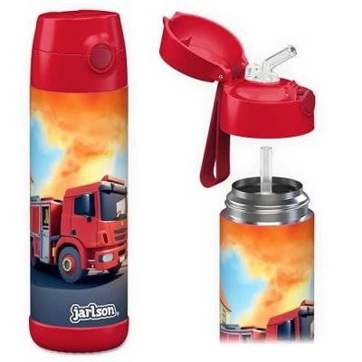 Afbeelding van Jarlson® Roestvrijstalen drinkfles, thermofles, BPA vrij, waterfles met rietje, 500 ml, rode brandweerwagen