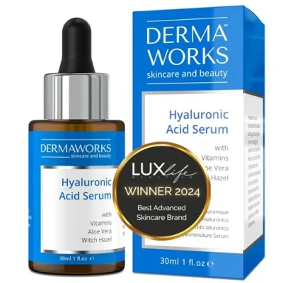 Afbeelding van DERMAWORKS Hyaluronzuur serum gezicht met vitamine C, aloë vera en jojoba olie, gezichtsserum, anti aging, gezichtsverzorging, hyaluronzuur, rimpel, gezichtsverzorging