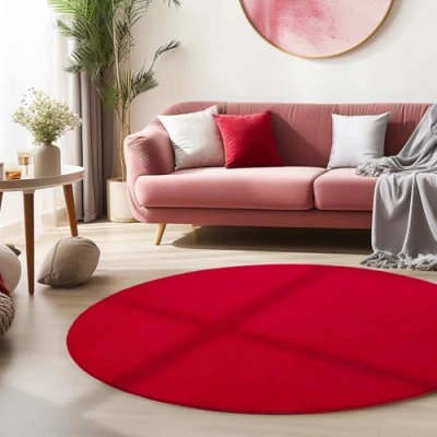 Afbeelding van HomebyHome Vloerkleed, 200 cm, rond, rood, wasbaar, laagpolig, effen, modern design, antislip, extra zacht, pluizig, voor woonkamer, slaapkamer, kinderkamer