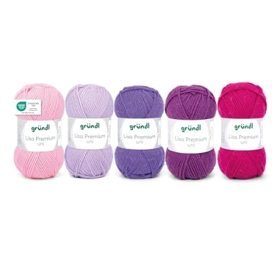Afbeelding van Gründl Lisa Premium Uni 5 bollen wol voor breien en haken, 100% Polaycryl, 50 g / 133 m, x breiset, roze/lila/fuchsia
