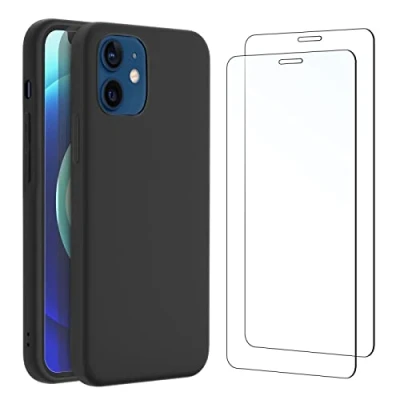 Afbeelding van NEW&#039;C Hoesje voor iPhone 12 en Pro Ultradunne zwarte siliconen 2x Screen Protector e Gehard Glass Schermbeschermer