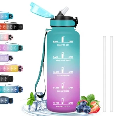 Afbeelding van Sportfles zonder verlies, 1,5 liter, sportfles, verliesvrij, drinkfles met tijdschaal, gemakkelijk te reinigen, voor sport, fitness, fietsen, kamperen, hardlopen