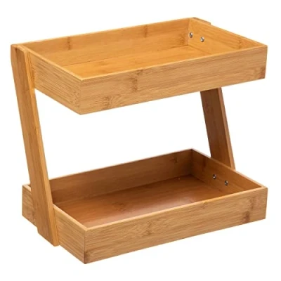 Afbeelding van 2 Laags Keuken Opbergrek Staand rek etages Keukenrek Bamboe Hout Etagere Kruidenrek