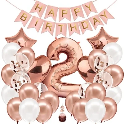 Afbeelding van Verjaardag Decoratie Meisje Rose Goud Nummer 2e Gelukkige Slinger Folieballon 2 Ballon van Kinderen