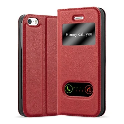Afbeelding van Cadorabo Hoesje geschikt voor Apple iPhone 5 / 5S SE 2016 in SAFRAN ROOD Beschermhoes met magnetische sluiting, standfunctie en 2 kijkvensters Book Case Cover Etui
